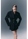 Gold Düğmeli Uzun Ceket - Siyah