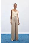 Kemer Detaylı Saten Pantolon - Taş
