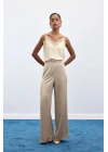Kemer Detaylı Saten Pantolon - Taş