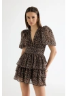 Leopar Desenli Balon Kol Mini Elbise Kahverengi