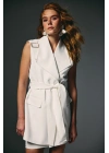Omuz Aksesuarlı Kuşaklı Yelek - Ekru