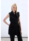 Omuz Aksesuarlı Kuşaklı Yelek - Siyah