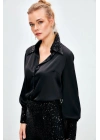 Payet Detaylı Saten Gömlek - SİYAH