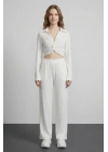 Pile Detaylı Pantolon Ekru