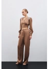 Pileli Saten Krep Pantolon - Camel