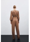 Pileli Saten Krep Pantolon - Camel