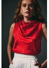 Puantiye Desenli Kolsuz Bluz - Kırmızı