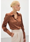 Vatkalı Saten Gömlek - Kahve
