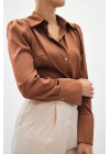 Vatkalı Saten Gömlek - Kahve