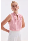 Yaka Detaylı Saten Bluz - Pembe
