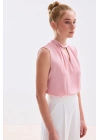 Yaka Detaylı Saten Bluz - Pembe