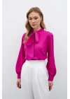 Yakası Bağlamalı Düz Gömlek - Fuşya