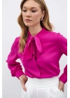 Yakası Bağlamalı Düz Gömlek - Fuşya