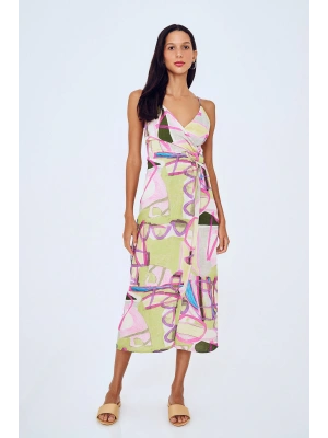 Desenli Anvelop Keten Elbise Yeşil