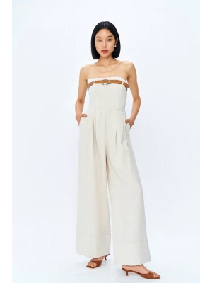 Kemerli Geniş Paça Straplez Keten Tulum Naturel