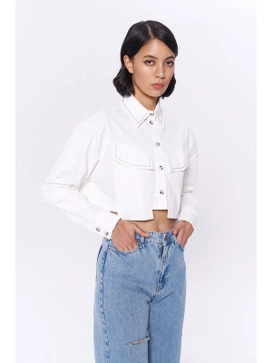 Sırt Düğmeli Nakışlı Crop Gömlek Ekru
