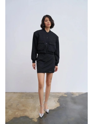 Parlak Taşlı Mini Etek Siyah