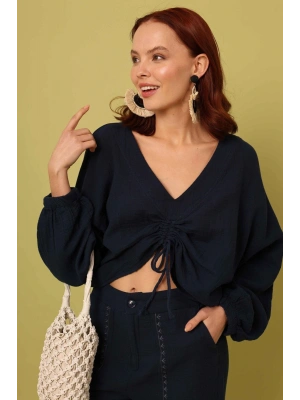 Önü Büzgülü Bluz Lacivert
