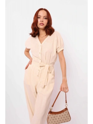 Kemerli Balon Kol Tulum Ekru