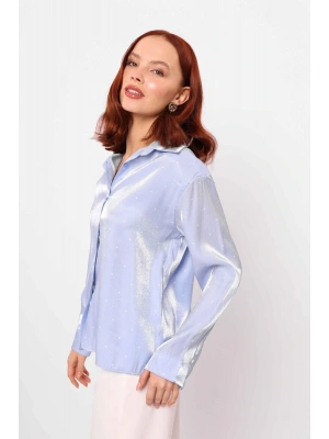 Saten Benekli Gömlek Mavi Beyaz