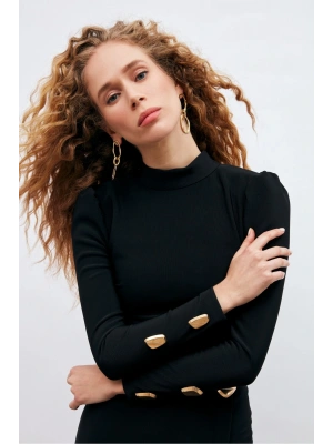 Düğme Detaylı Crop Bluz - Siyah