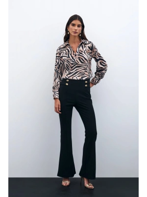 Desenli Gömlek Yaka Bluz - Siyah