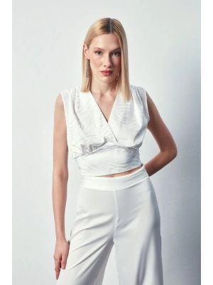 Kruvaze Desenli Saten Bluz - Ekru