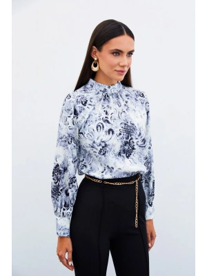 Dik Yaka Desenli Bluz - SİYAH