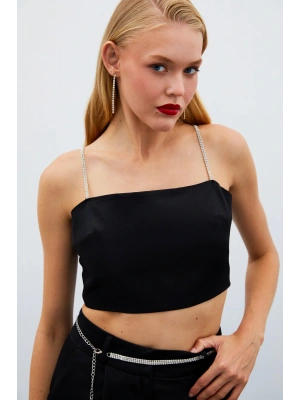 Taş Askılı Saten Crop Bluz - SİYAH