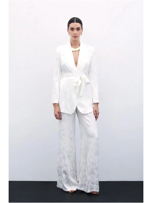 Jakarlı Bol Paça Pantolon - Ekru