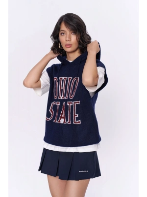 Yazı Sloganlı Kapüşonlu Süveter Lacivert