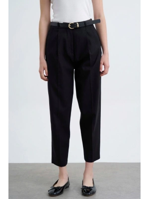 Kemerli Keten Siyah Pantolon