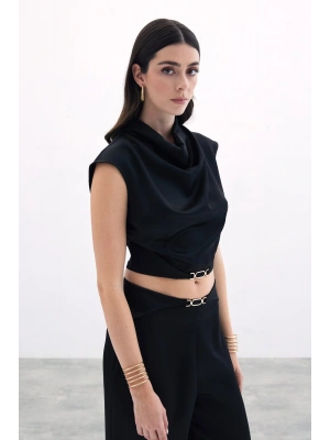 Toka Detaylı Degaje Bluz - Siyah