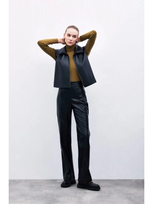 Yüksek Bel Deri Pantolon - Siyah