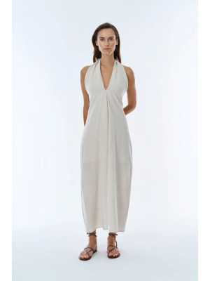 Boyundan Bağlamalı Yırtmaçlı Keten Elbise Naturel