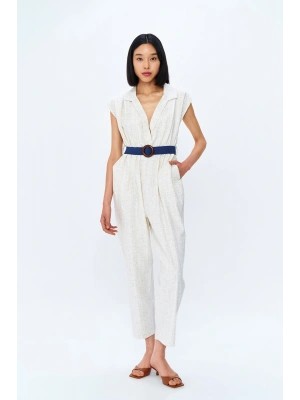 Kemer Aksesuarlı V Yaka Tulum Naturel