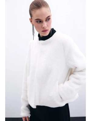 Yakasız Peluş Ceket - Ekru