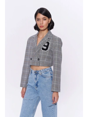 Kareli Çift Düğmeli Crop Blazer Ceket Gri