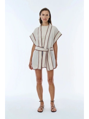 İşleme Detaylı Bağlamalı Keten Kimono Naturel