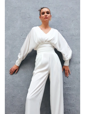 Geniş Kol Saten Bluz - Ekru