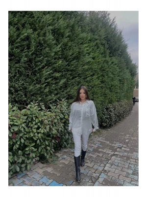 OVERSİZE CEP DETAYLI GÖMLEK BEYAZ-GÜMÜŞ