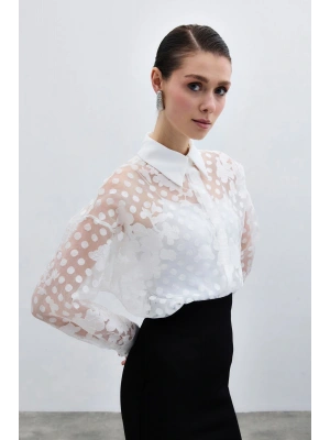 Kendinden Desenli Gömlek - Ekru