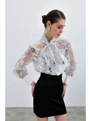 Çiçek Desenli Gömlek - Ekru