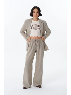 Bağcık Detaylı Beli Lastikli Bol Pantolon Bej