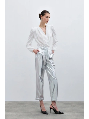 Yüksek Bel Parlak Pantolon - Gümüş