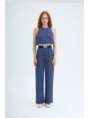 Bel Yazı Detaylı Puantiyeli Pantolon Lacivert