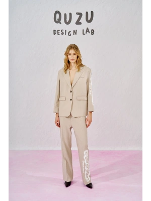 Paçası Yazılı Beli Lastikli Çizgili Pantolon Bej