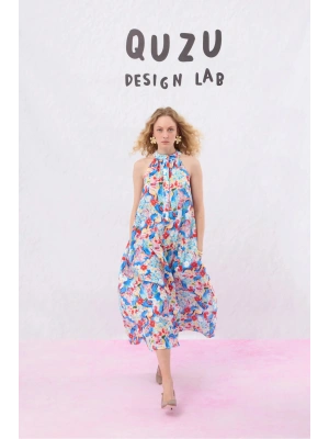 Halter Yaka Çiçek Desenli Uzun Elbise Mavi