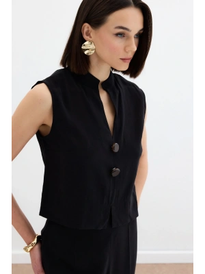 Süs Düğme Detaylı Bluz - Siyah