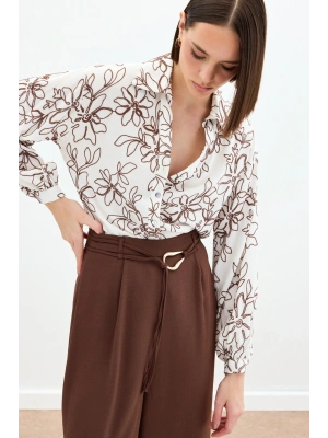 Çiçek Nakışlı Viskon Gömlek - Kahve